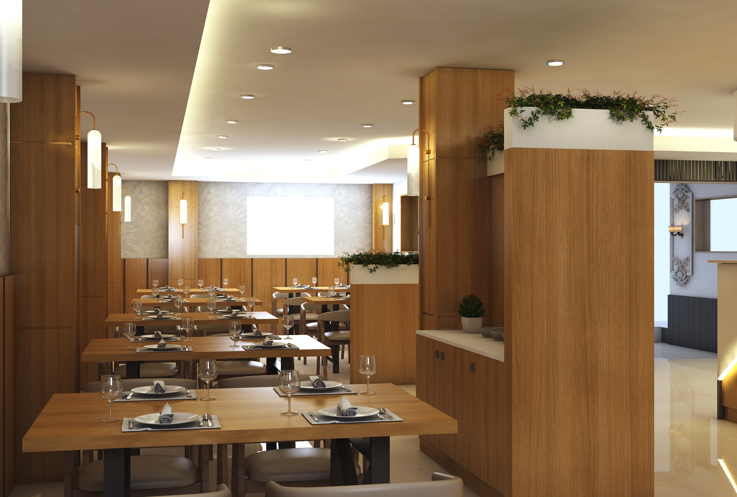 Elegant Restaurant Dining Area with Arched Windows